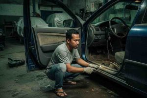 Menjual-mobil-bekas-dan-inspector-memeriksa-mobil-bekas-banjir
