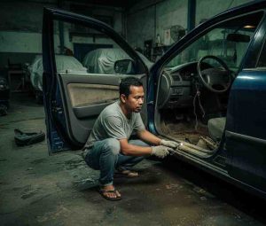 Menjual-mobil-bekas-dan-inspector-memeriksa-mobil-bekas-banjir