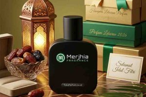 Botol parfum mewah untuk hampers lebaran 2026 dengan dekorasi pita bunga