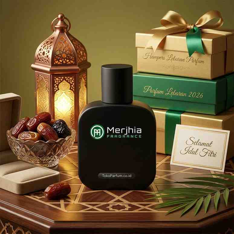Botol parfum mewah untuk hampers lebaran 2026 dengan dekorasi pita bunga