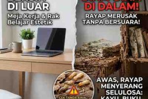 Kondisi meja kerja kayu dan dokumen yang rusak akibat serangan rayap tanah, membutuhkan penanganan profesional dari jasa anti rayap Jogja