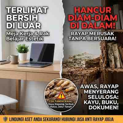 Kondisi meja kerja kayu dan dokumen yang rusak akibat serangan rayap tanah, membutuhkan penanganan profesional dari jasa anti rayap Jogja